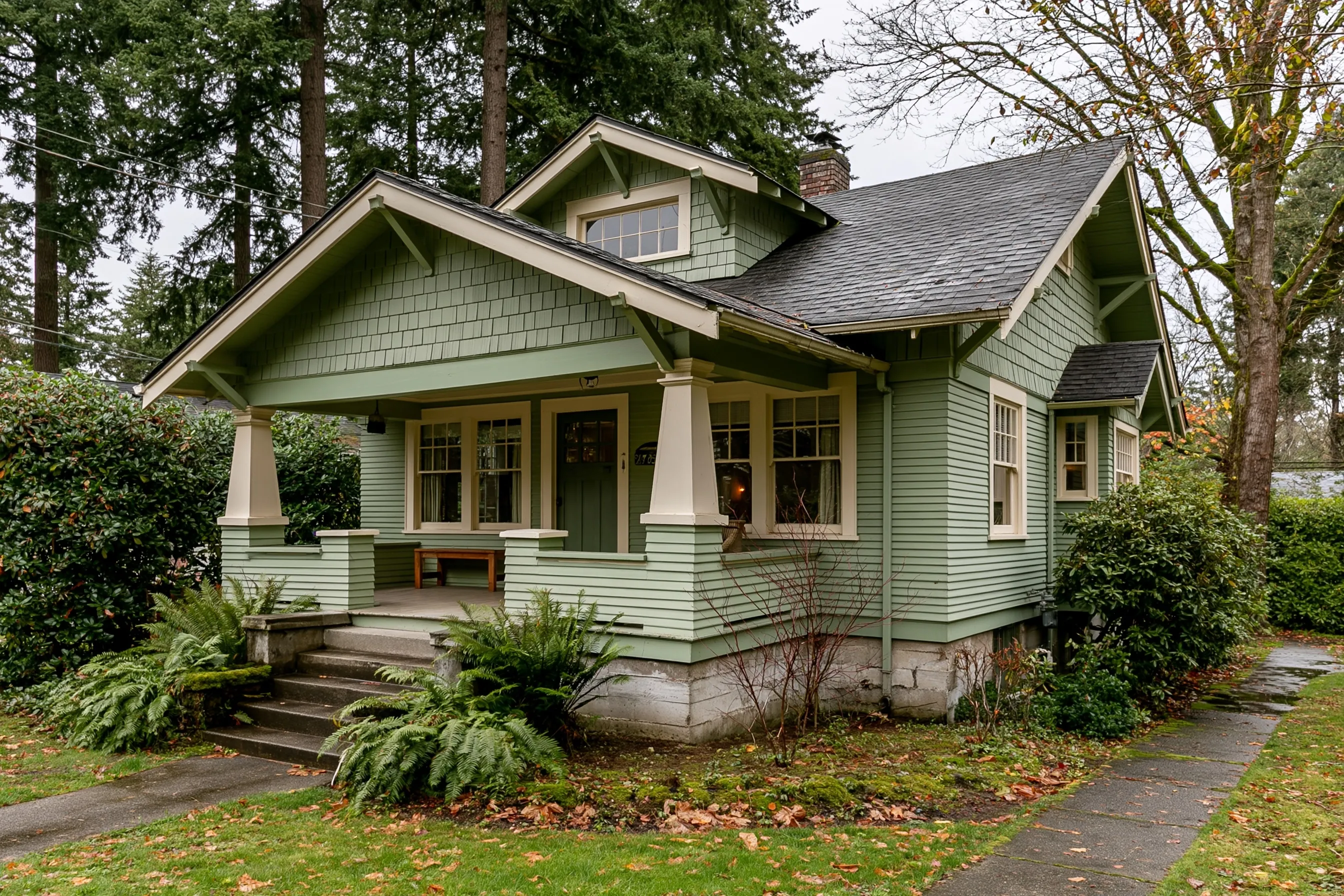 Craftsman bungalow with a wide porch and tapered columns, painted lap siding, a visible concrete foundation stem wall at the base, ferns and moss and tall Douglas firs behind