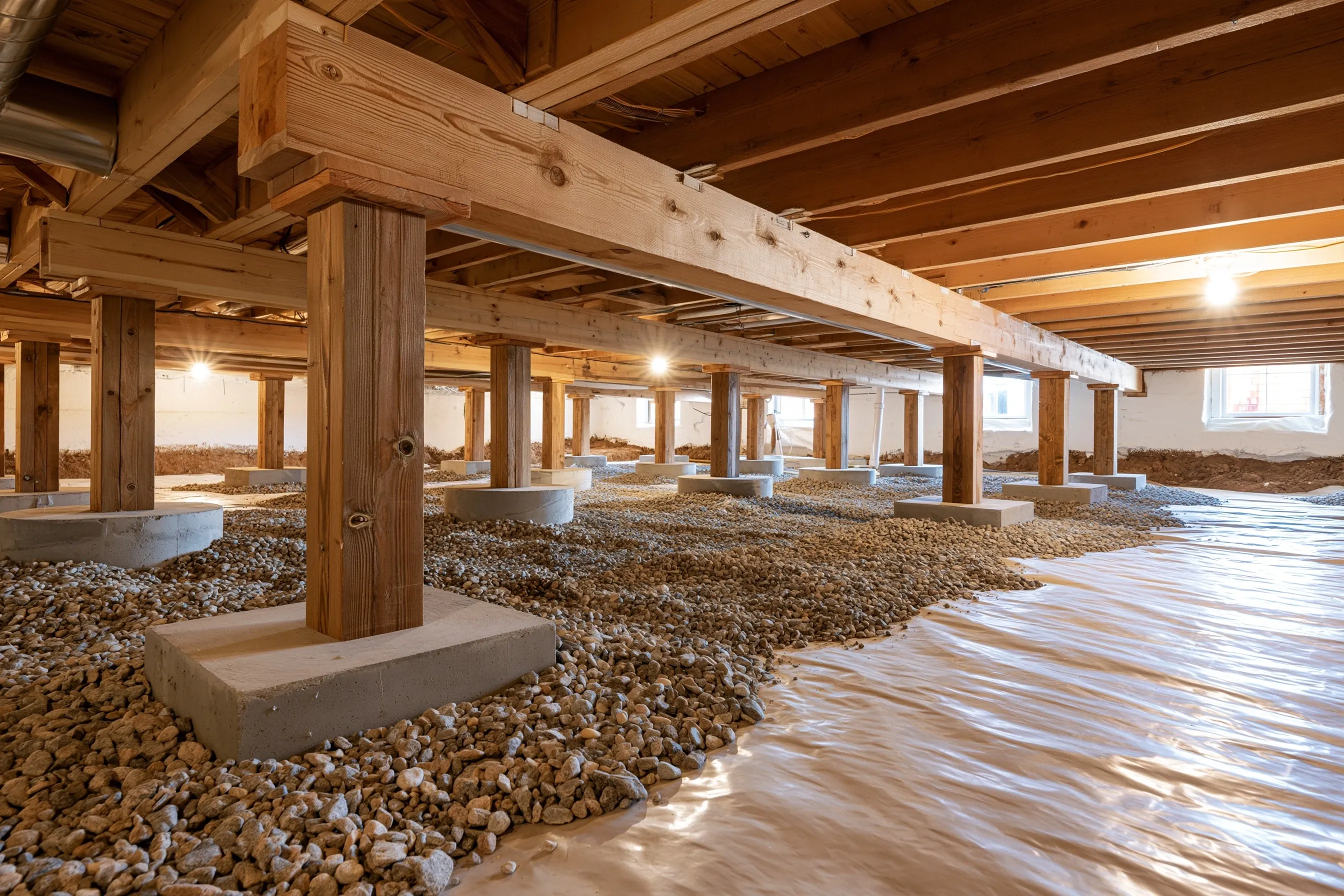 Crawlspace with new light-colored posts on concrete pads under straight wood girders, gravel and a plastic sheet on the ground, a white-painted wall with a window, and joists and a duct above