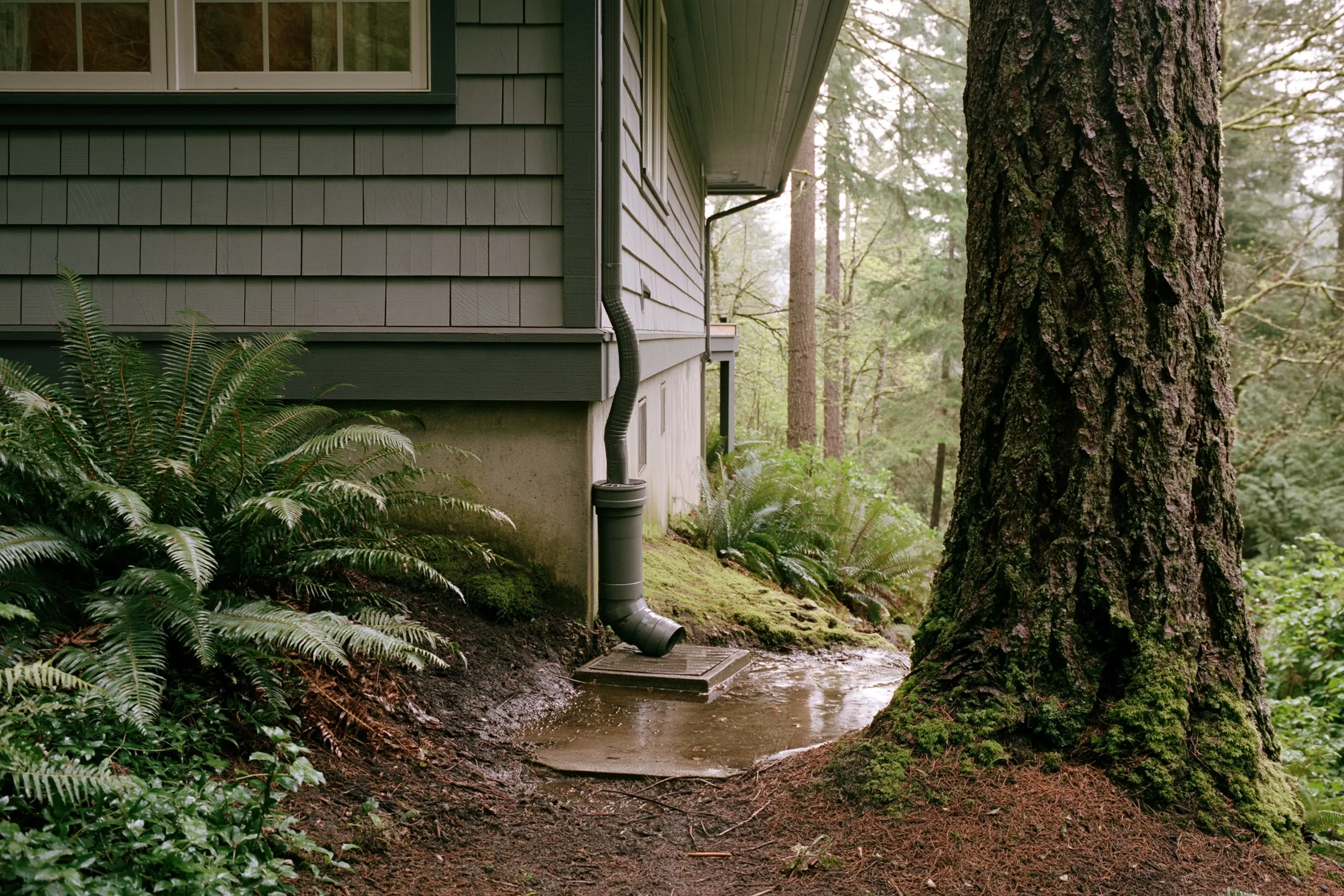 Splash block under a downspout at a house corner, wet ground and standing water along the foundation, ferns and moss