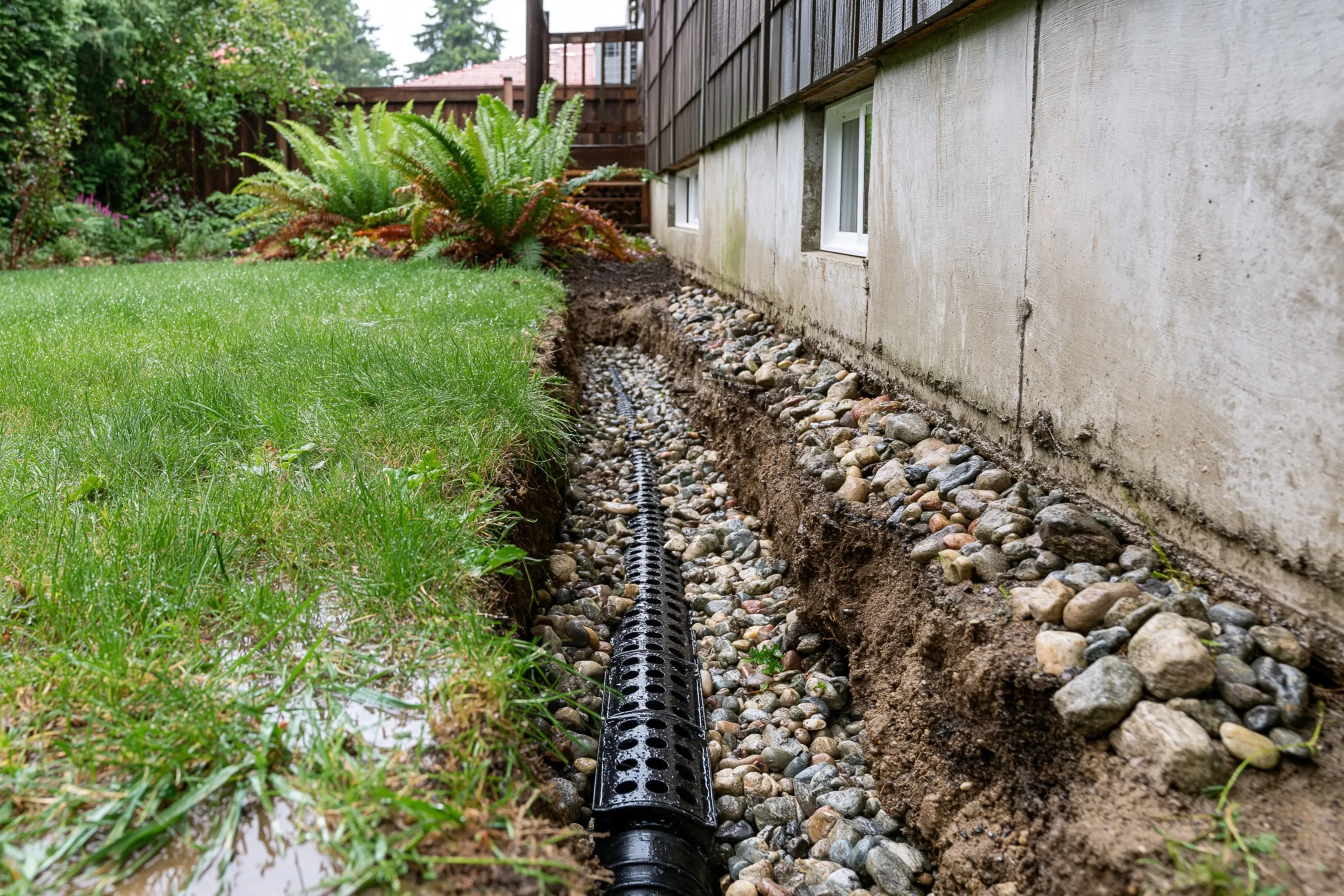 Narrow trench along the outside of a concrete foundation wall with a perforated drain pipe laid in clean washed gravel at the footing level, wet green lawn and sword ferns beside the trench