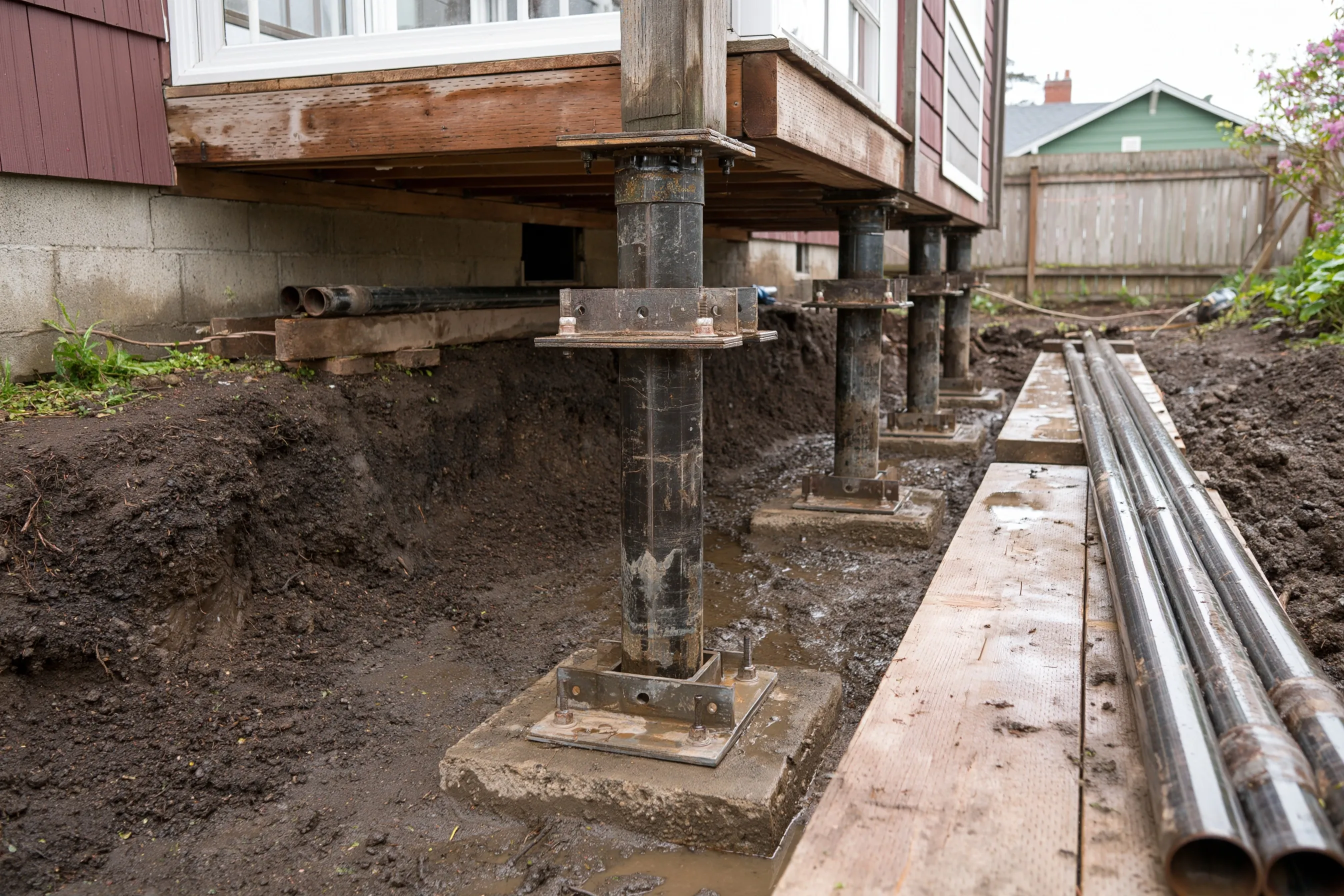 Steel bracket and push pier pipe sections set under a concrete footing in a dug-out pit beside a house foundation, wet dark soil and lengths of steel pipe on a plank