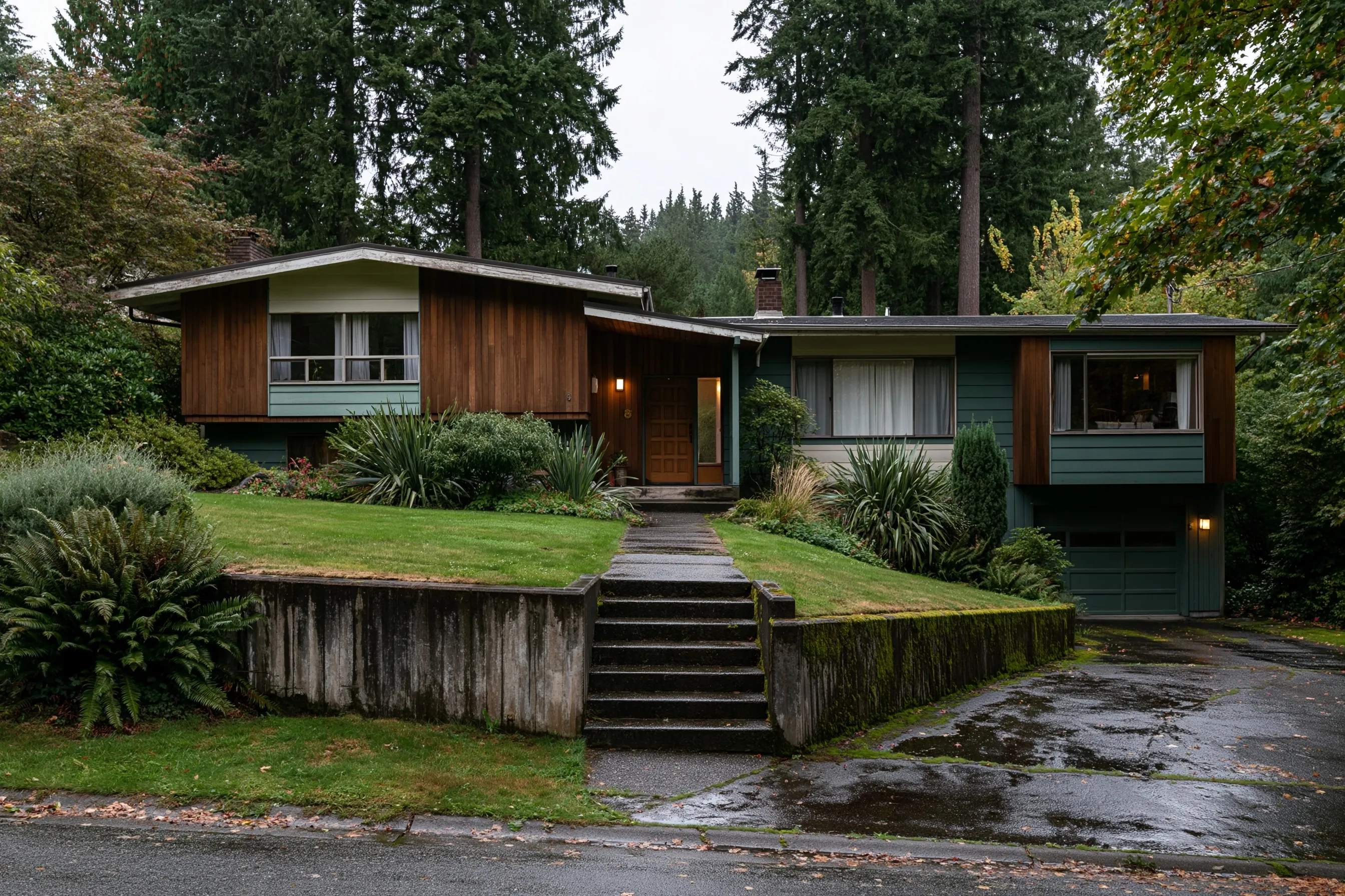 Exterior of a split-level house on a sloped lot in Puget Sound suburbia, with lap siding, low retaining walls beside the entry steps, tall Douglas firs behind, wet green lawn and sword ferns